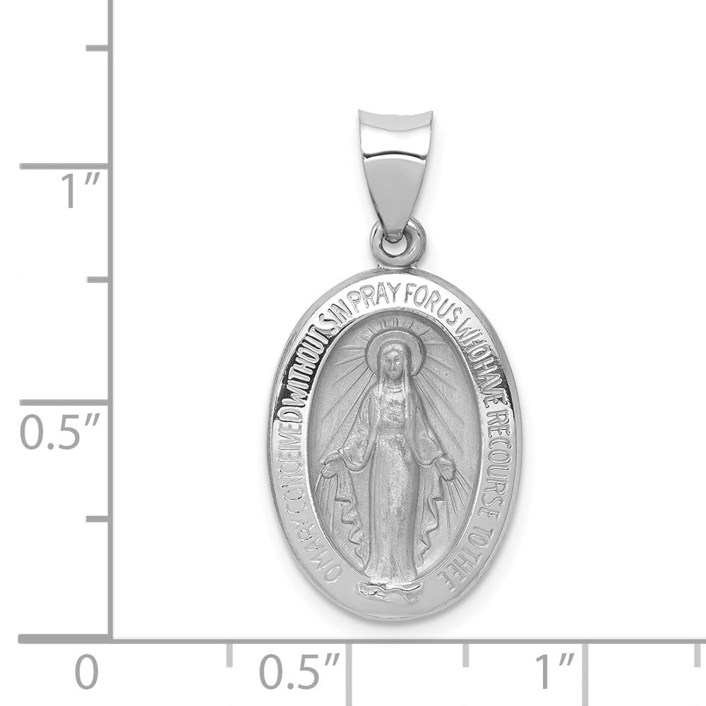 14k White Gold 14 mm Polished / Satin Miraculous Medal Hollow Pendant (1.31 grams)