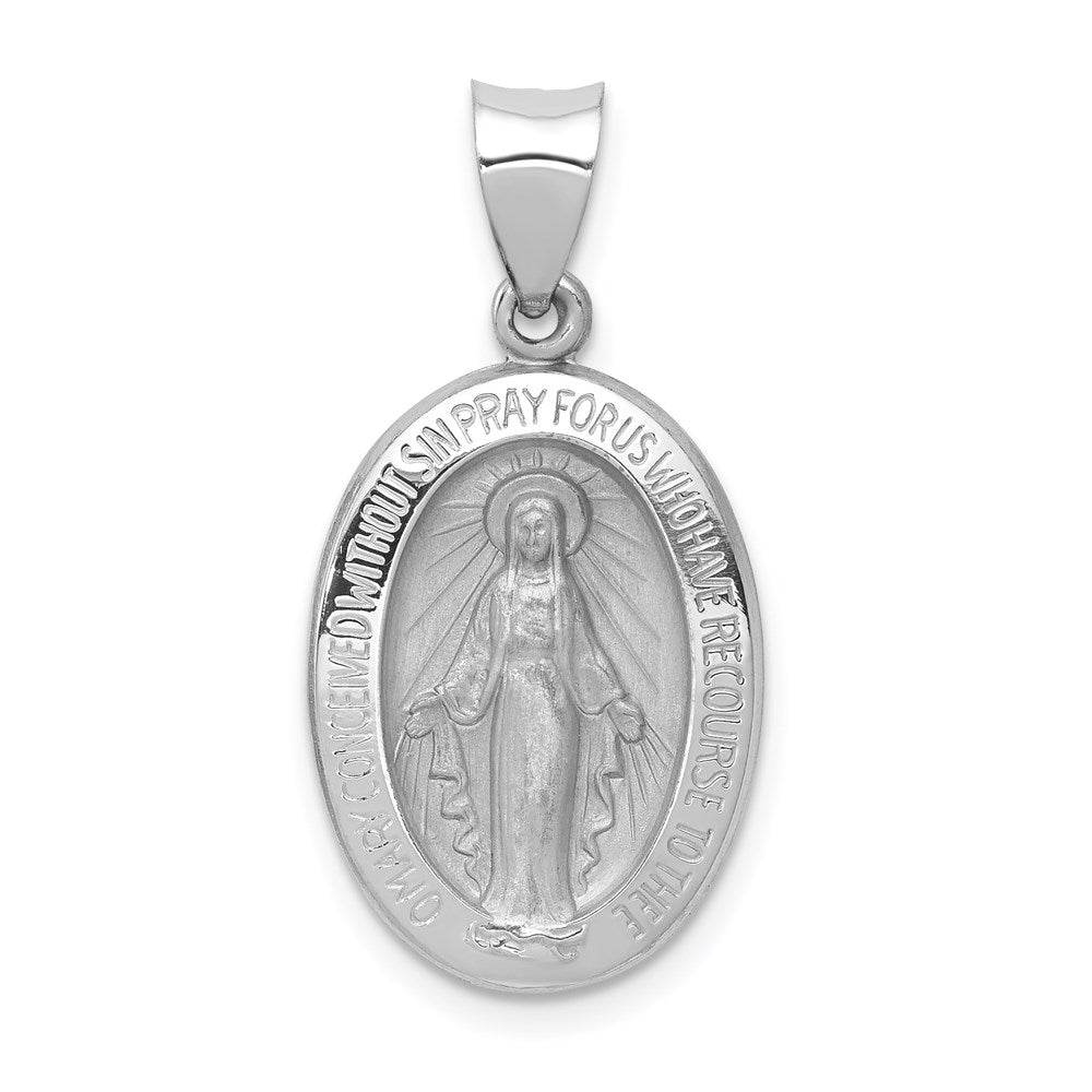 14k White Gold 14 mm Polished / Satin Miraculous Medal Hollow Pendant (1.31 grams)