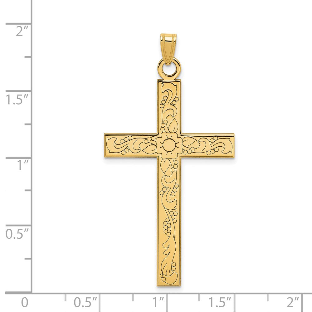 14k Yellow Gold 25 mm Etched Floral Design Cross Pendant (2.37 grams)