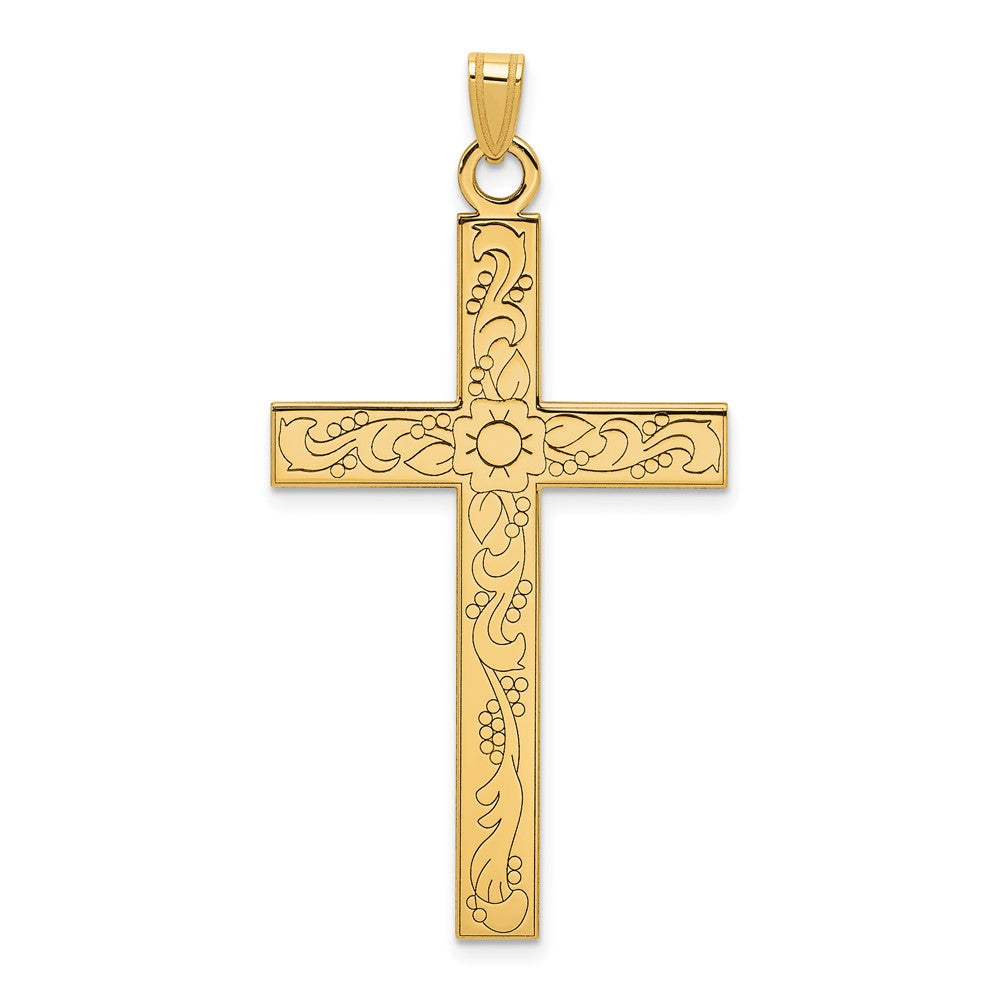 14k Yellow Gold 25 mm Etched Floral Design Cross Pendant (2.37 grams)