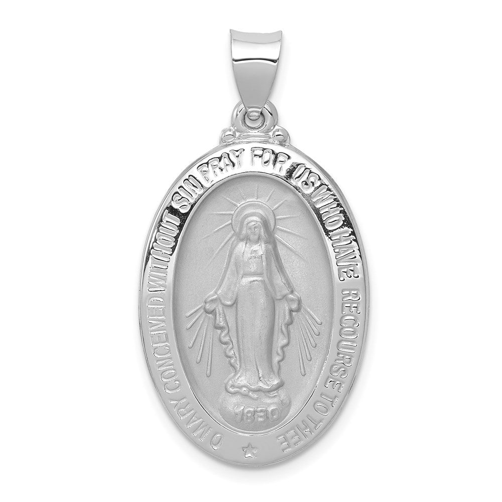 14k White Gold 18 mm Polished/Satin Miraculous Medal Hollow Pendant (2.19 grams)