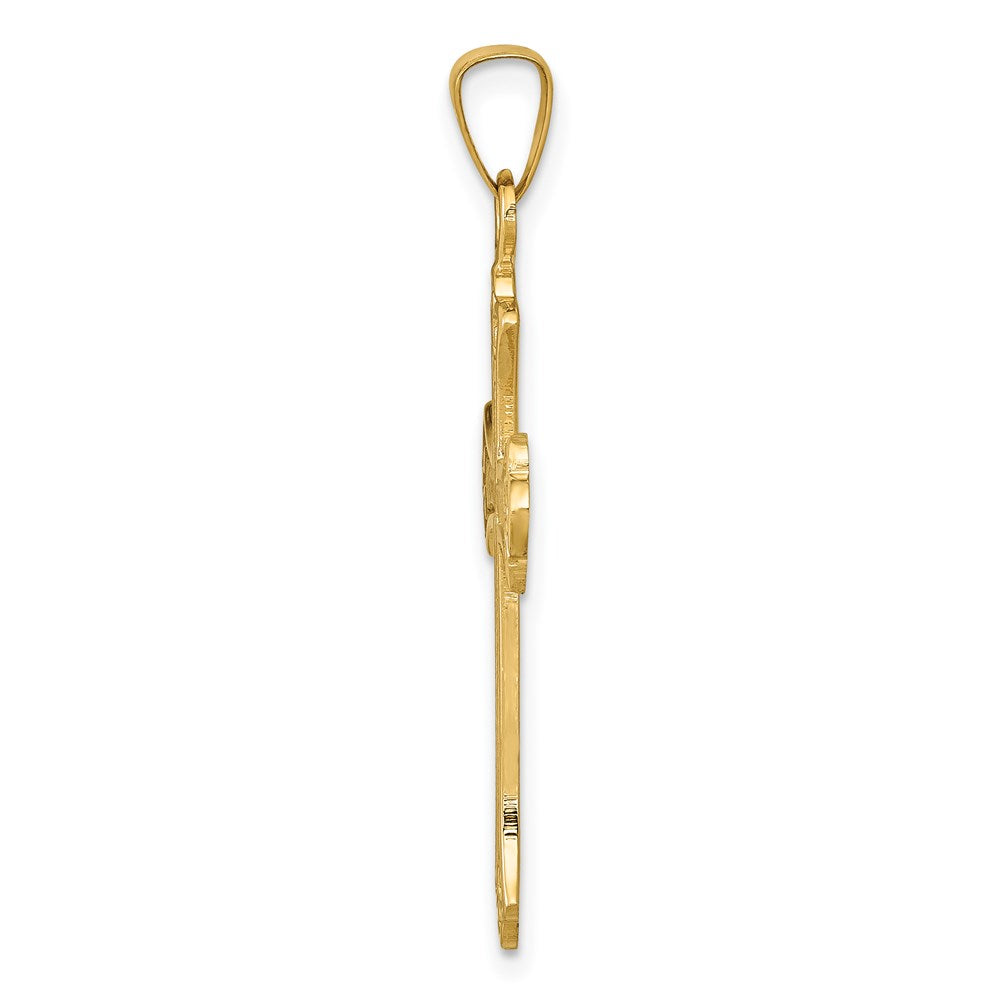 14k Yellow Gold 18 mm Textured and Polished Fleur de lis Cross Pendant (1.51 grams)