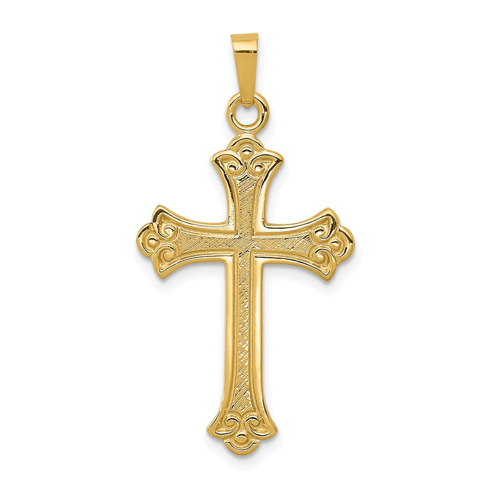 14k Yellow Gold 18 mm Textured and Polished Fleur de lis Cross Pendant (1.51 grams)