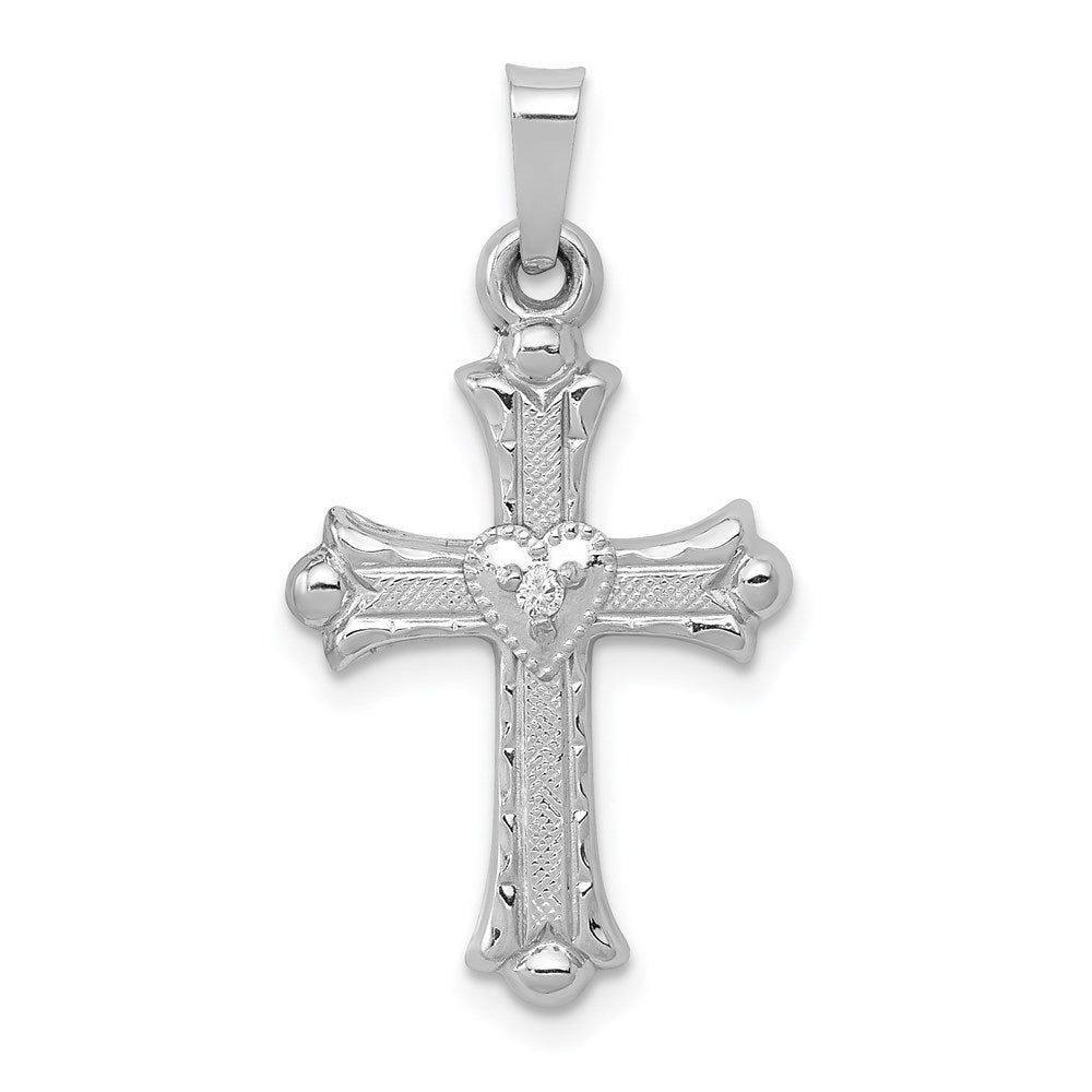 14K White Gold Diamond Fleur De Lis Cross with Heart Pendant (0.81 grams)