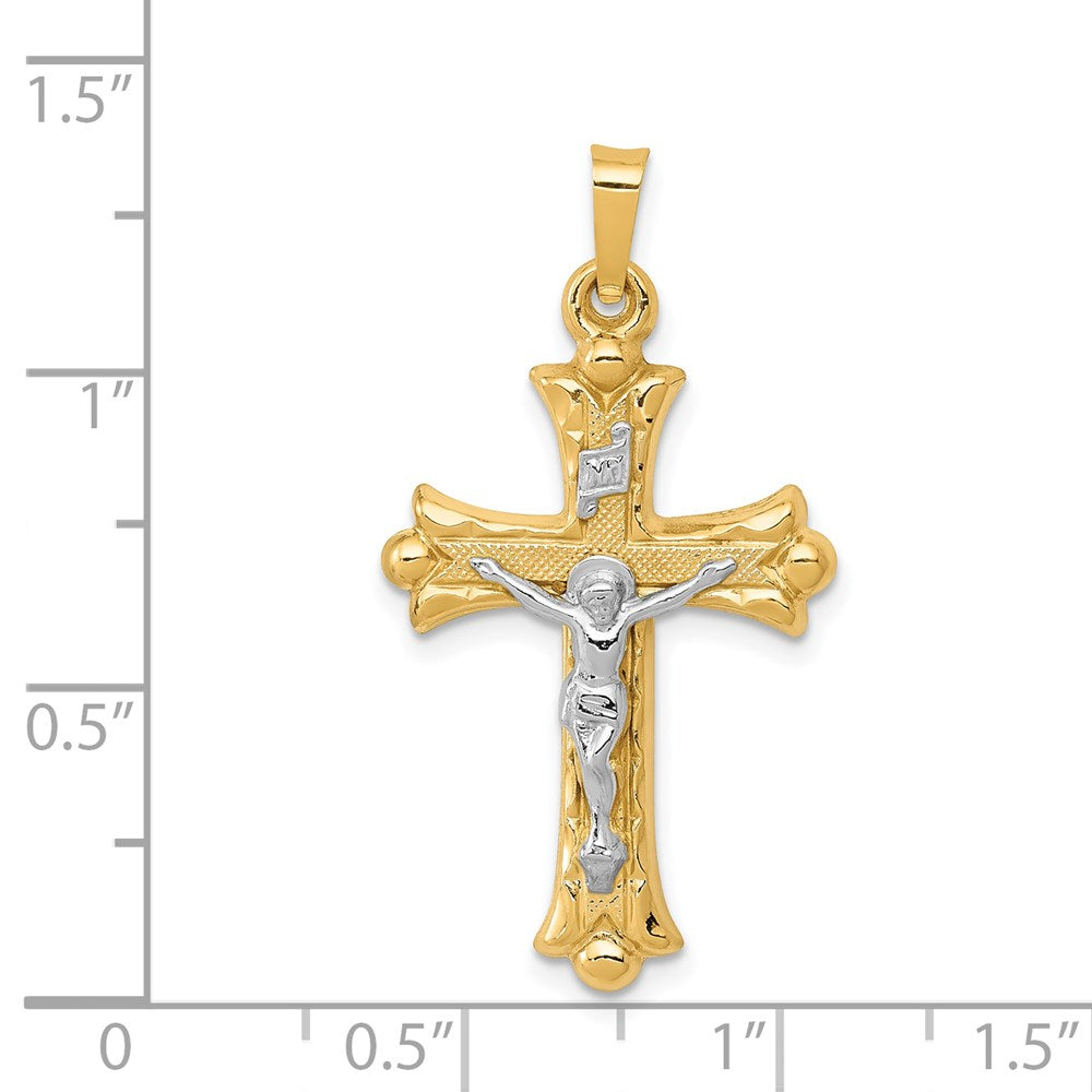 14k Two-tone 18 mm Two-Tone Textured and Polished INRI Crucifix Cross Pendant (1.15 grams)