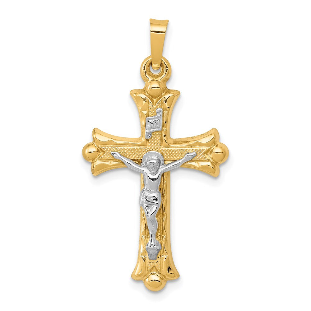 14k Two-tone 18 mm Two-Tone Textured and Polished INRI Crucifix Cross Pendant (1.15 grams)