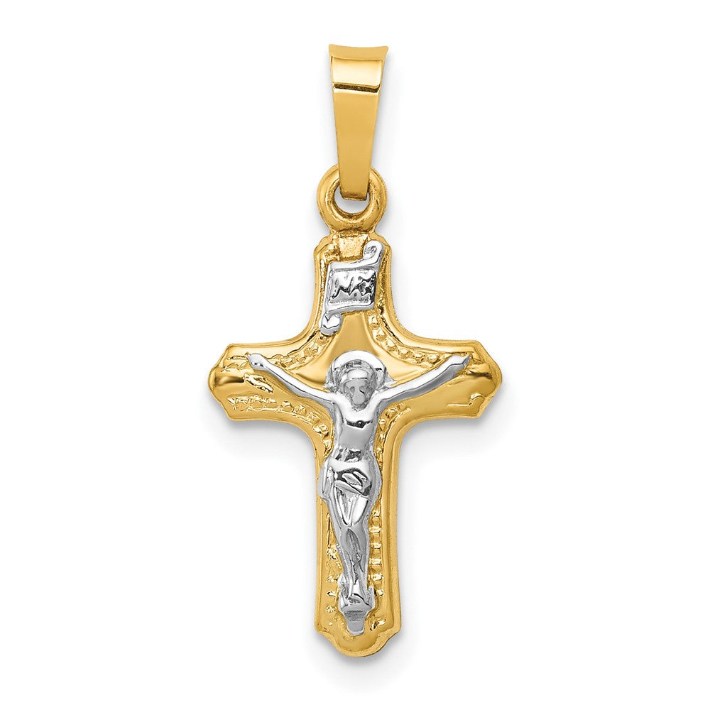 14k Two-tone 11 mm Polished and Textured INRI Crucifix Pendant (0.51 grams)