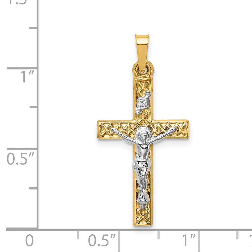 14k Two-tone 14.5 mm Polished Lattice Textured INRI Crucifix Pendant (0.63 grams)