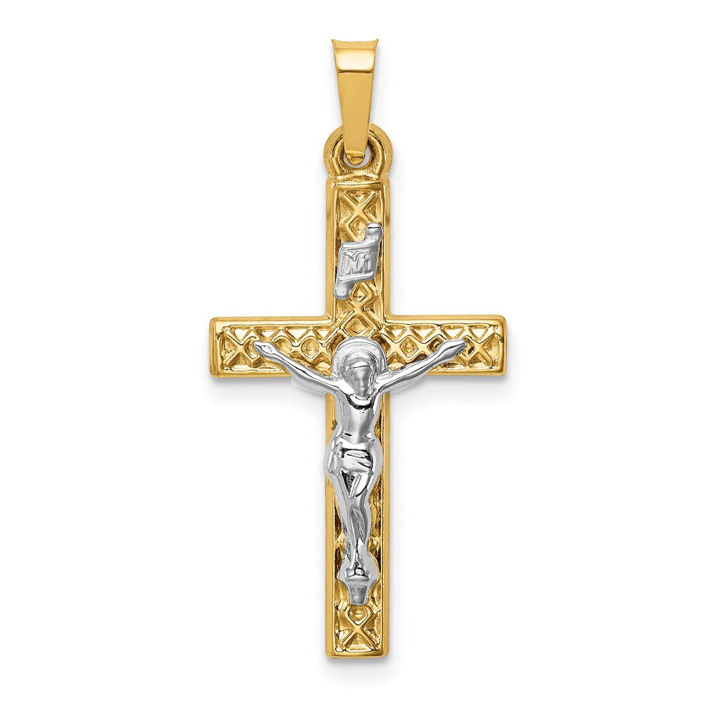 14k Two-tone 14.5 mm Polished Lattice Textured INRI Crucifix Pendant (0.63 grams)