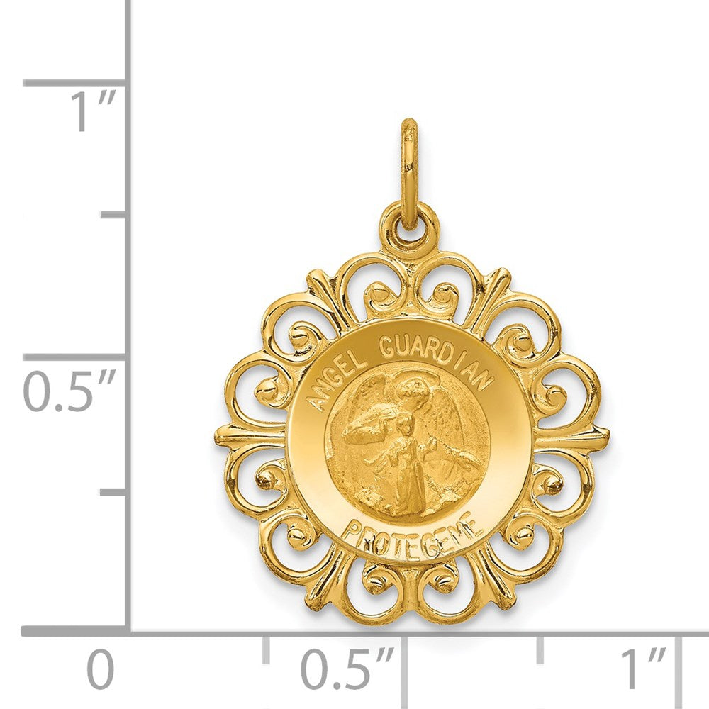 14k Yellow Gold 18.7 mm Polished/Satin Spanish Guardian Angel Medal Hollow Pendant