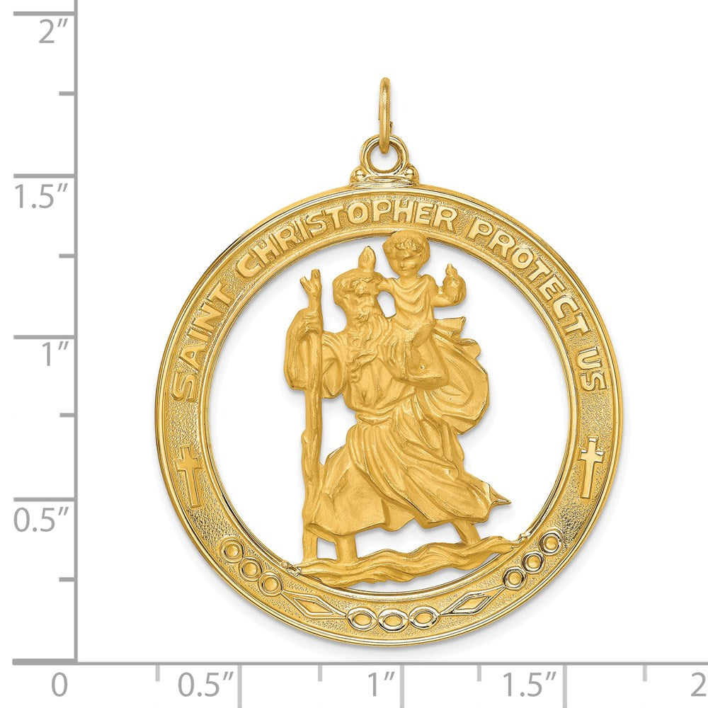 14k Yellow Gold 37 mm Solid Polished/Satin Extra Large Cut-out St. Christopher Medal (10.73 grams)