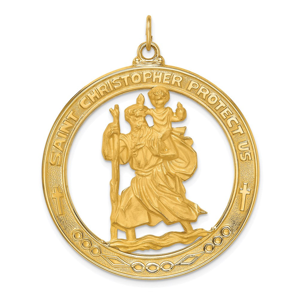 14k Yellow Gold 37 mm Solid Polished/Satin Extra Large Cut-out St. Christopher Medal (10.73 grams)