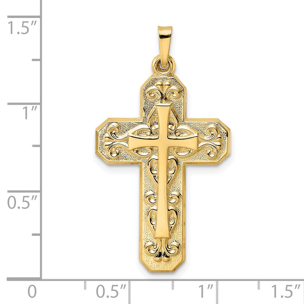 14k Yellow Gold 20.06 mm Polished and Textured Hollow Scroll Design Double Cross Pendant (1.36 grams)