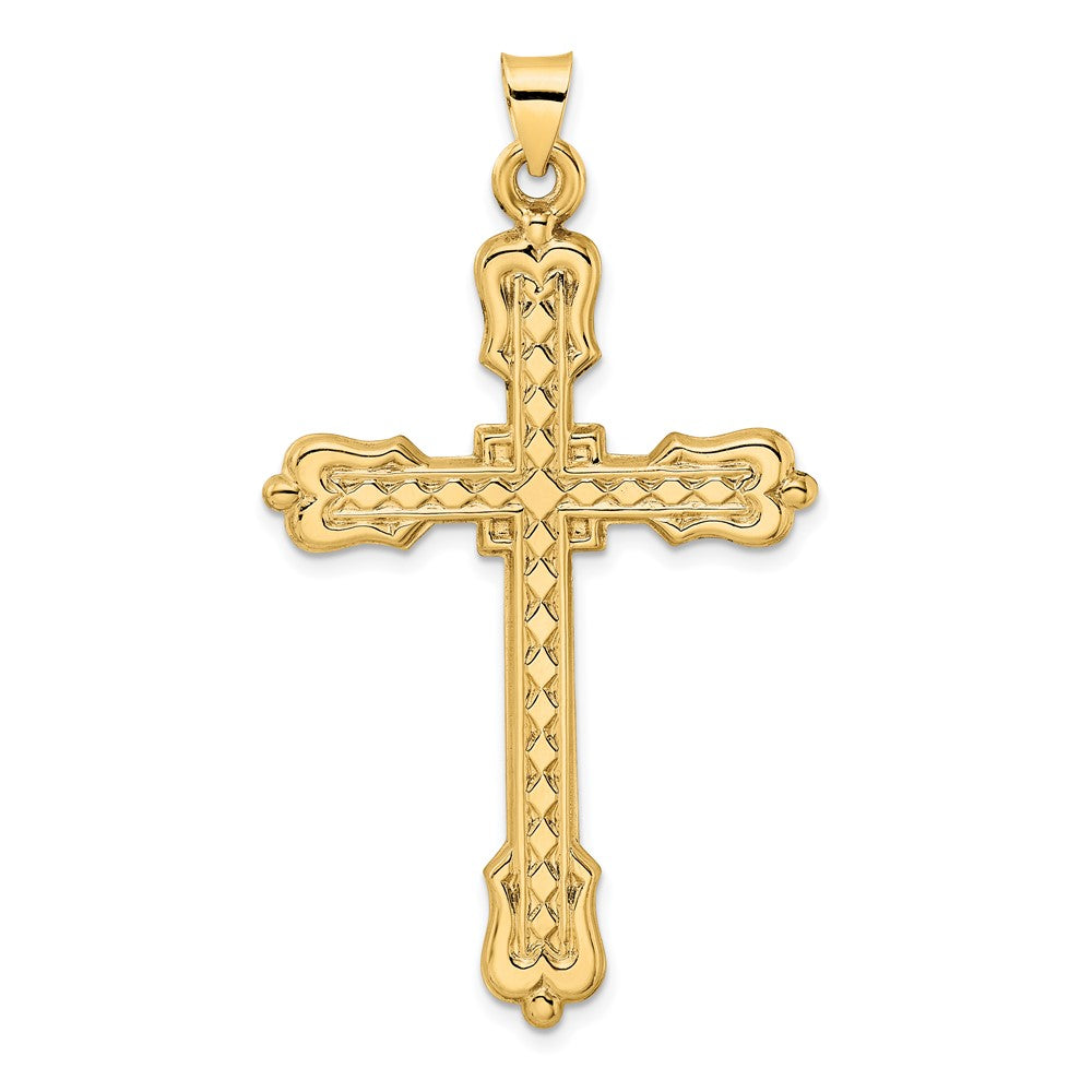 14k Yellow Gold 31.2 mm Polished Diamond Pattern Hollow Cross Pendant