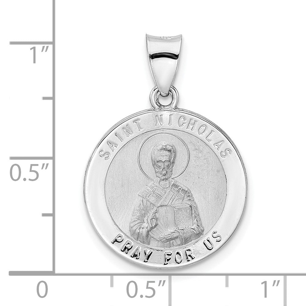 14k White Gold 19 mm Polished and Satin Hollow St Nicholas Medal Pendant (1.35 grams)