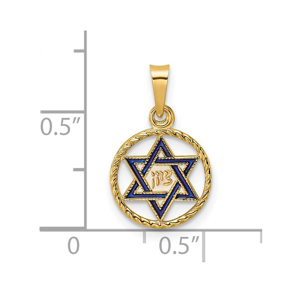 14k Yellow Gold 11.18 mm Polished Solid Enameled Star of David in Frame Pendant (0.53 grams)