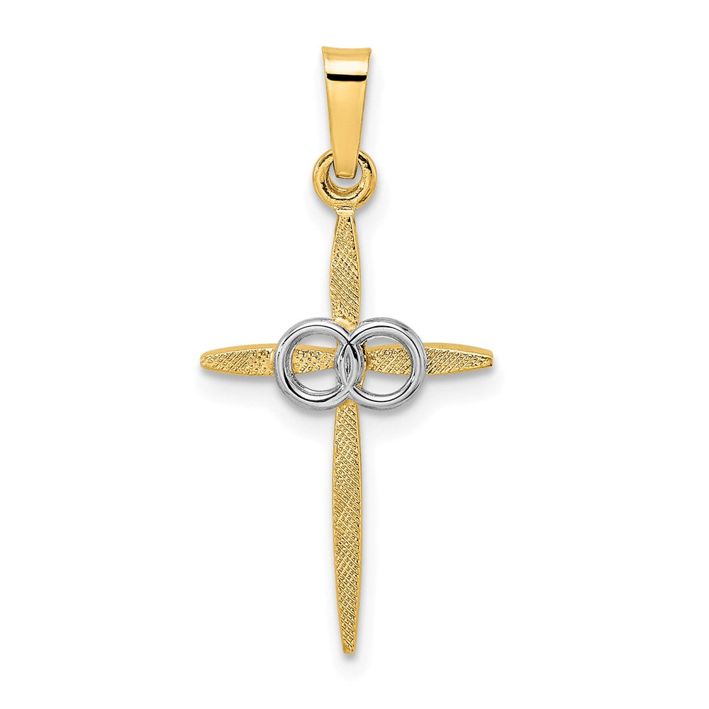 14k Two-tone 13.53 mm Polished and Satin Solid Double Ring Cross Pendant (1.09 grams)