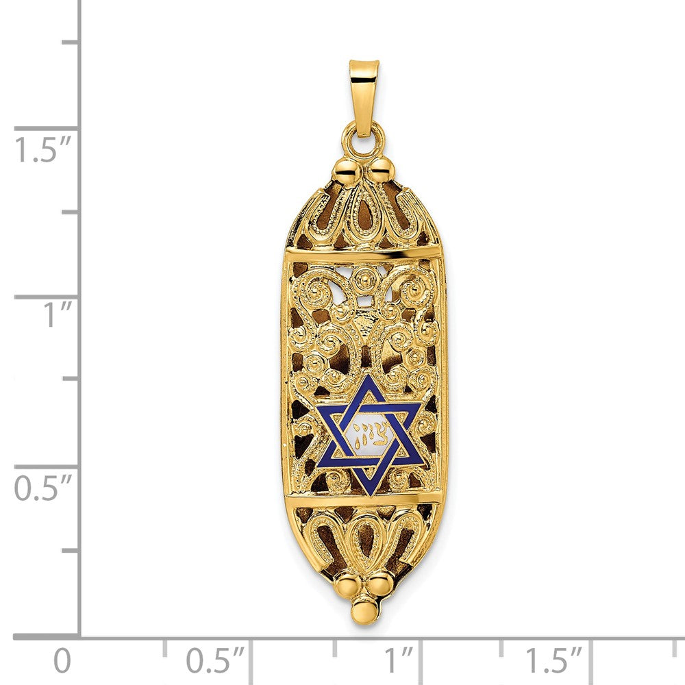 14k Yellow Gold 12.56 mm Polished Solid Mezuzah Enameled Star Pendant (3.35 grams)