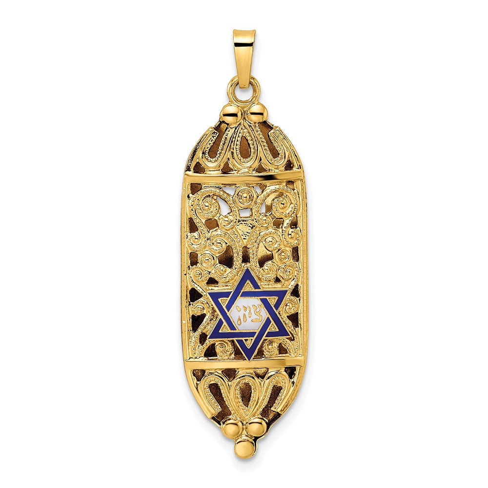 14k Yellow Gold 12.56 mm Polished Solid Mezuzah Enameled Star Pendant (3.35 grams)