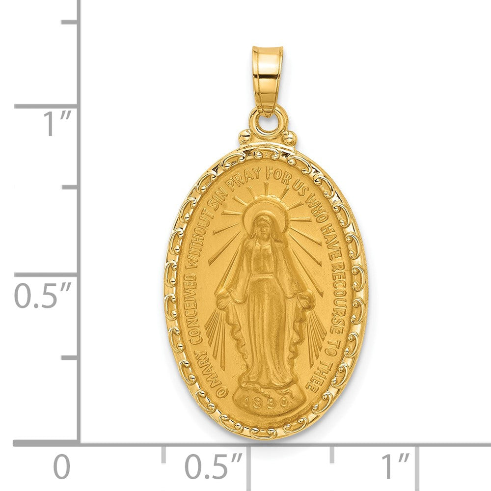 14k Yellow Gold 16.1 mm Satin and Polished Miraculous Medal Solid Oval Pendant (2.57 grams)