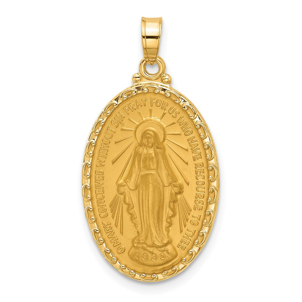 14k Yellow Gold 16.1 mm Satin and Polished Miraculous Medal Solid Oval Pendant (2.57 grams)