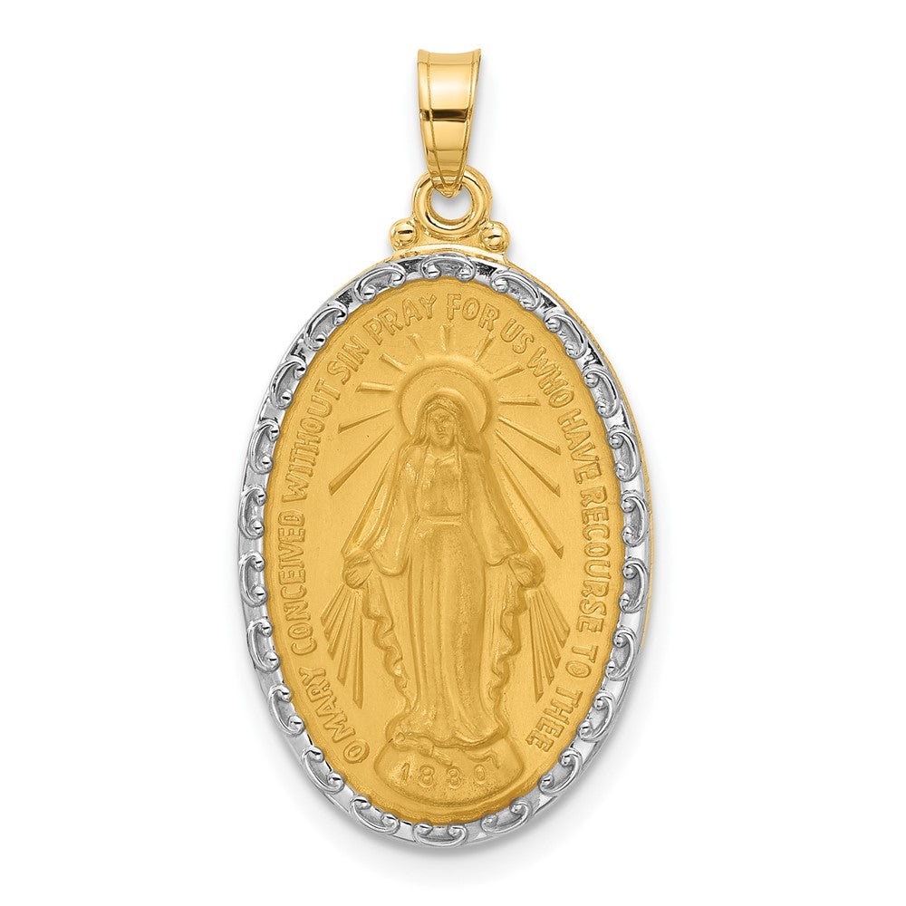 14k Yellow & Rhodium 16.1 mm  Satin and Polished Miraculous Medal Solid Oval Pendant (2.57 grams)