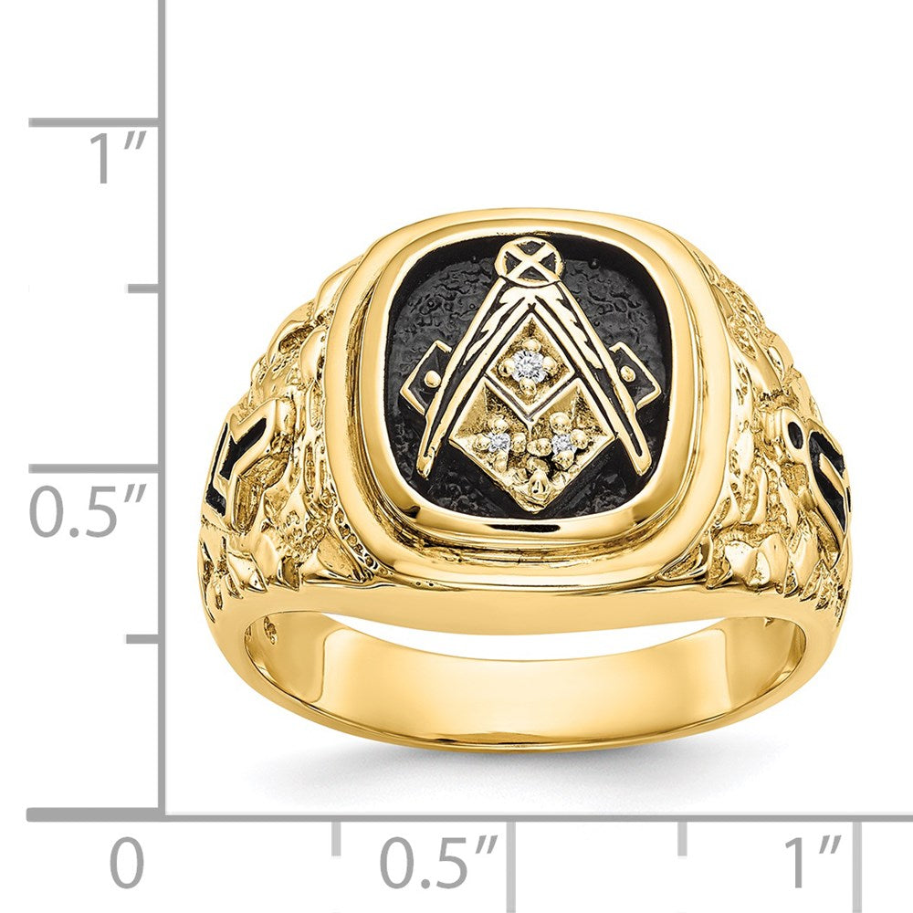 14k Polished, Antiqued and Nugget Texture AAA Quality Diamond Masonic Ring (11.69 grams)