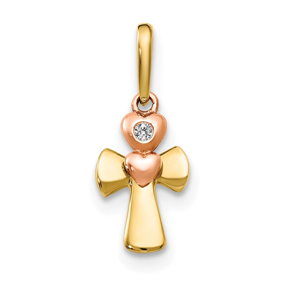 14k Yellow and Rose Gold CZ Children's Cross Heart Pendant (0.32 grams)