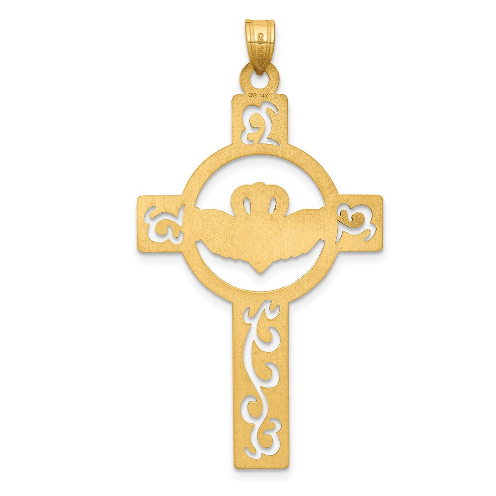 14k Yellow Gold 26 mm Laser Cut Claddagh Cross Charm (1.68 grams)