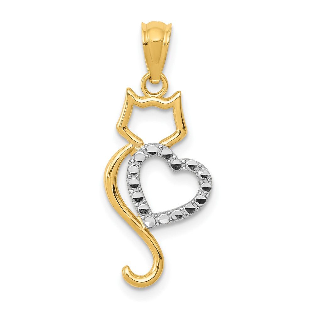 14k and White Rhodium Polished Cat with Heart Pendant (0.45 grams)