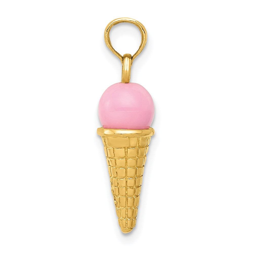 14k Yellow Gold 6 mm Satin Polished 3D Pink Quartz Ice Cream Cone Charm (1.41 grams)