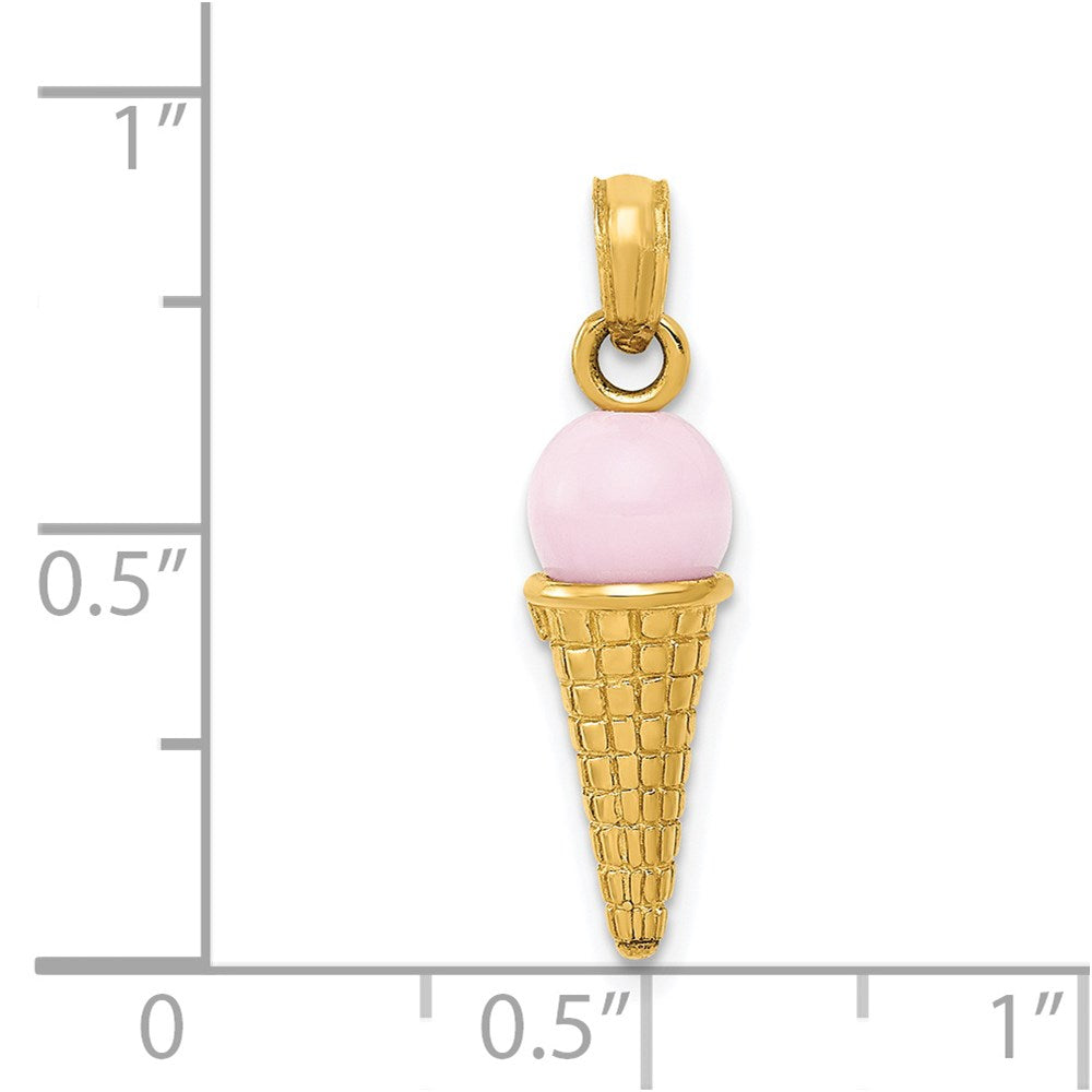 14k Yellow Gold 6 mm Satin Polished 3D Pink Quartz Ice Cream Cone Charm (1.41 grams)