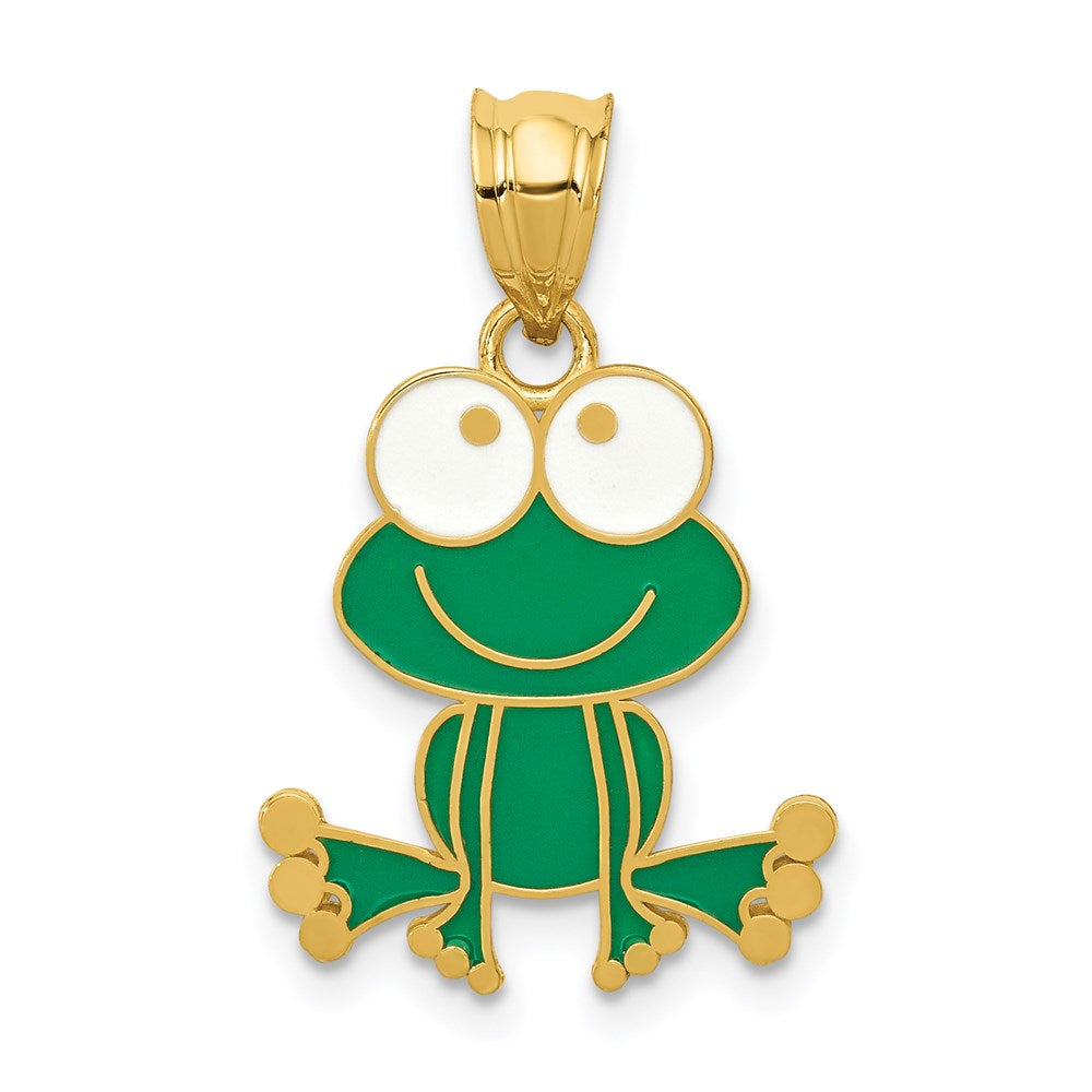 14k Yellow Gold 15 mm Green and White Enameled Frog