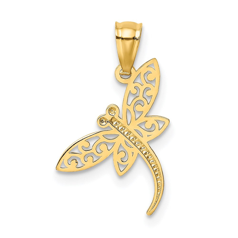 14k Yellow Gold 13 mm Satin Diamond-cut Dragonfly Pendant (0.27 grams)