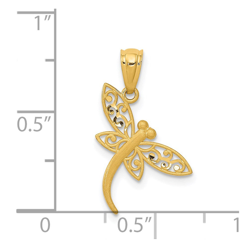 14k Yellow Gold 13 mm Satin Diamond-cut Dragonfly Pendant (0.27 grams)