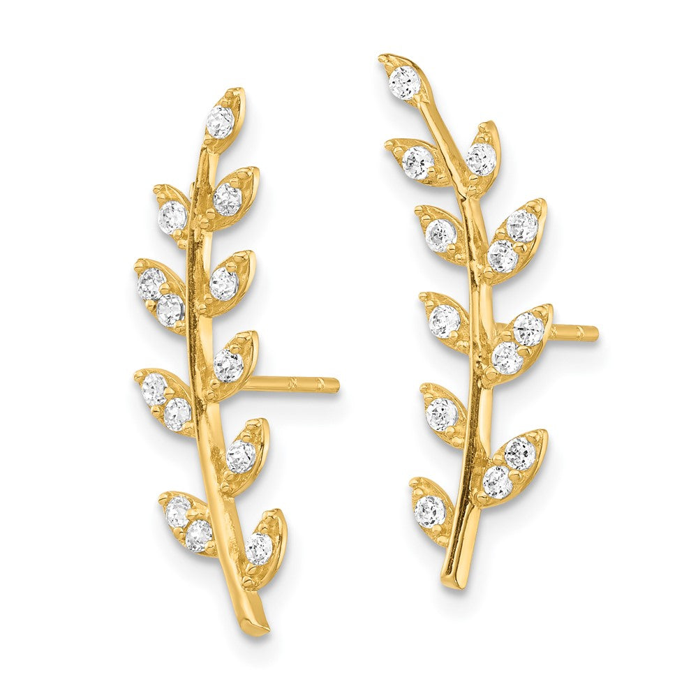 14k Yellow Gold 5.45 mm CZ Fern Ear Climber Earrings (1.01 grams)