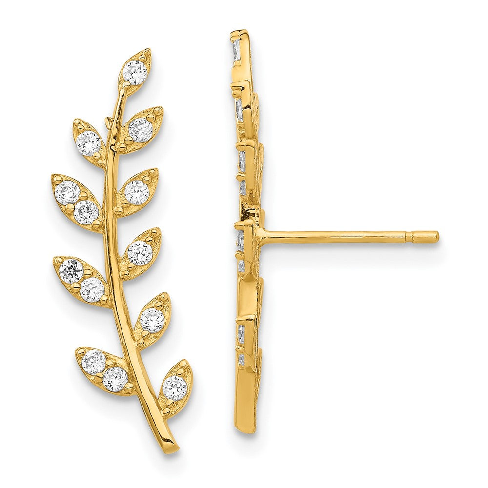 14k Yellow Gold 5.45 mm CZ Fern Ear Climber Earrings (1.01 grams)