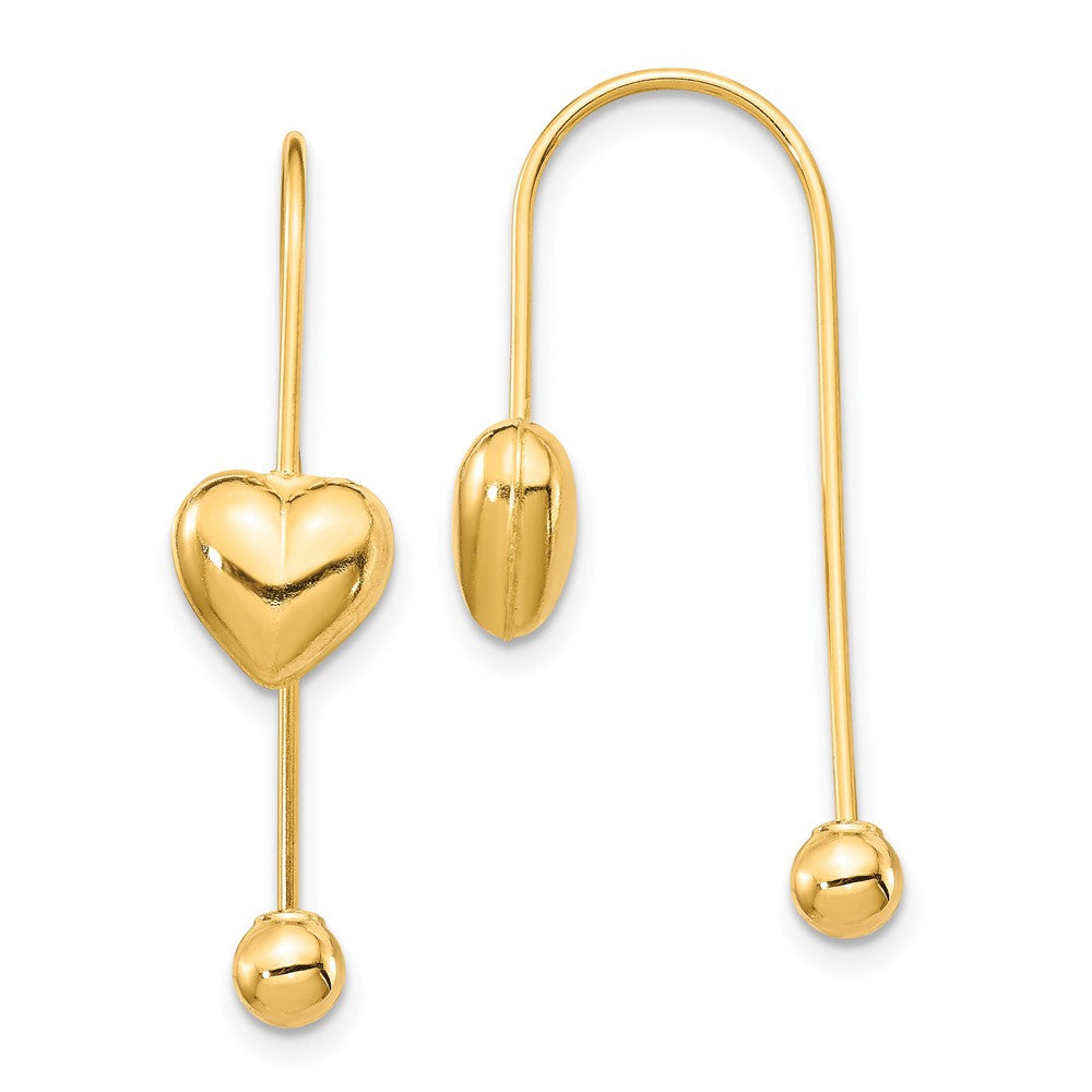 14k Yellow Gold 7.8 mm Puffed Heart w/Screw End Threader Earrings (0.41 grams)