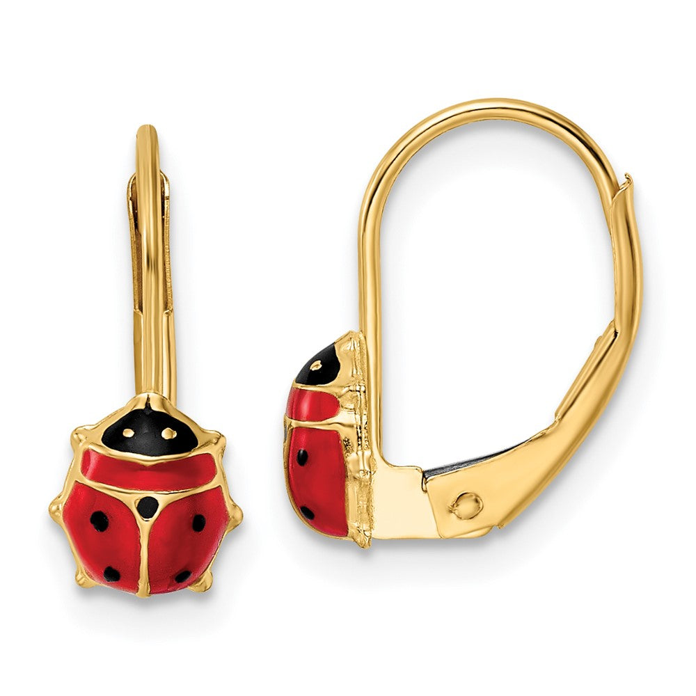14k Yellow Gold 12 mm Polished Enameled Ladybug Leverback Earrings (0.87 grams)