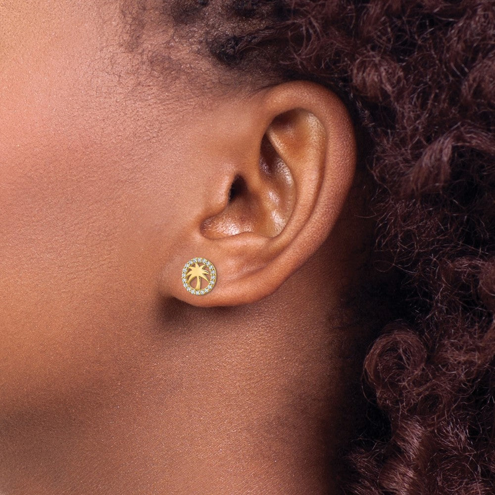 14k Yellow Gold 8.55 mm CZ Palm Tree Post Earrings (0.76 grams)