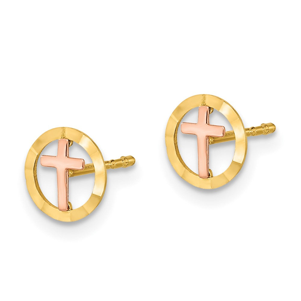 14k Two-tone 7 mm Two-tone Circle with Cross Post Earrings (0.4 grams)