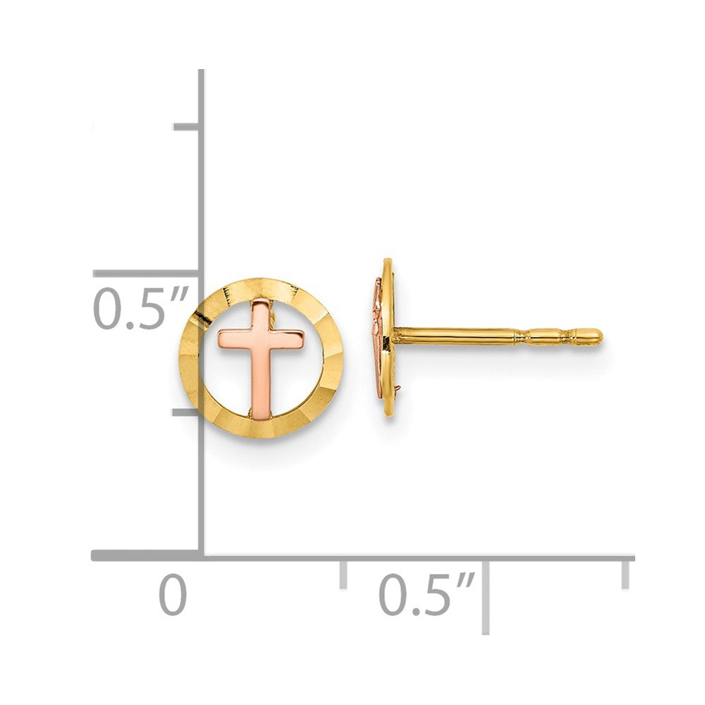 14k Two-tone 7 mm Two-tone Circle with Cross Post Earrings (0.4 grams)