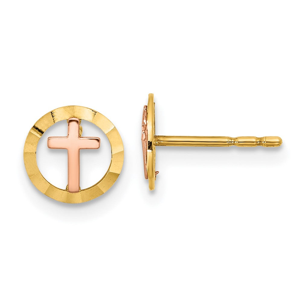 14k Two-tone 7 mm Two-tone Circle with Cross Post Earrings (0.4 grams)