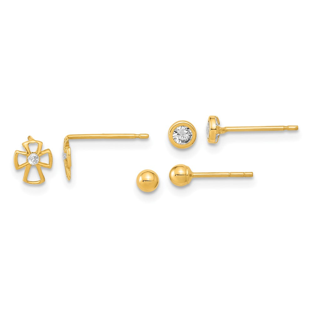 14k Yellow Gold 5 mm Polished Set of Ball Post Cross and CZ Bezel 3 Pair Earrings Set (0.73 grams)