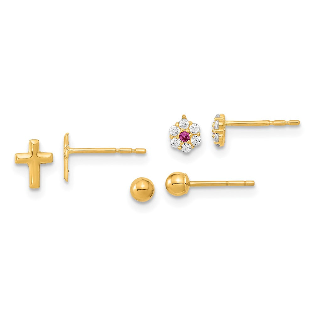 14k Yellow Gold 4.68 mm Polished Set of Ball Post CZ Flowers and Cross 3 Pair Earrings Set
