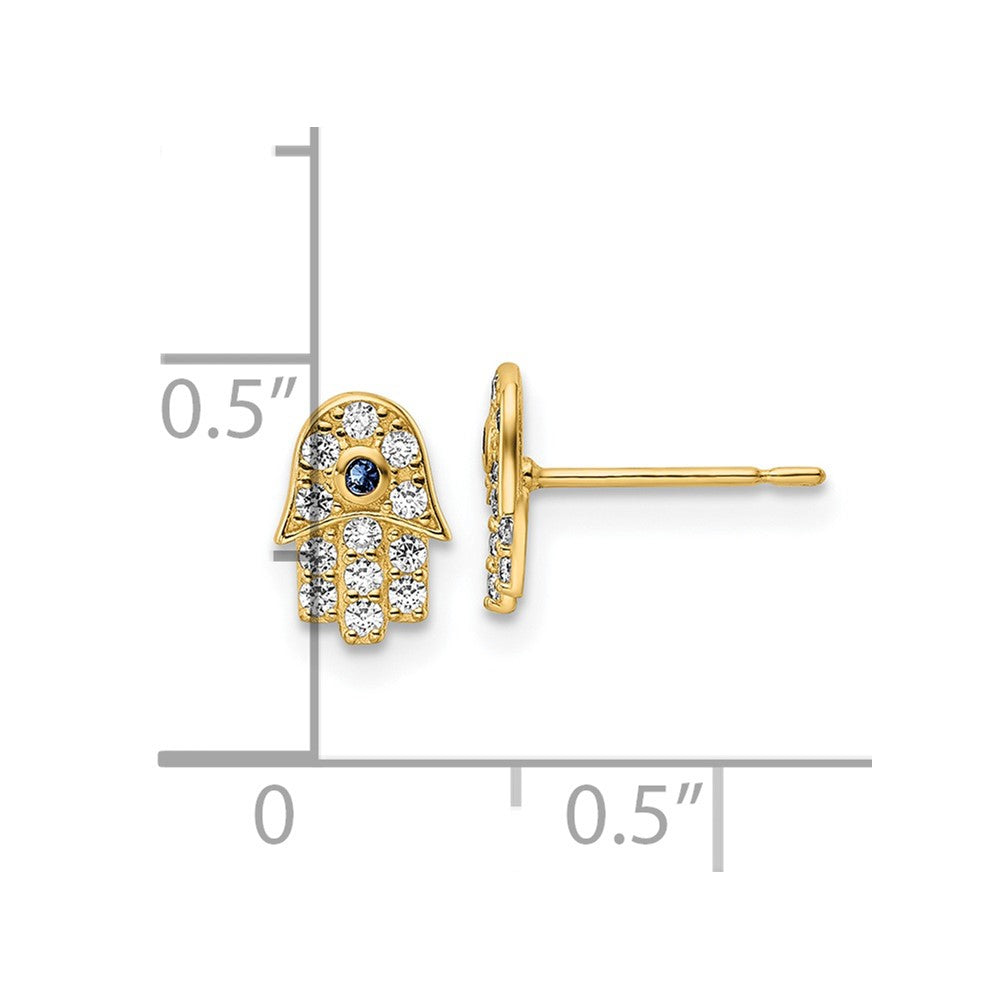 14k Yellow Gold 5.75 mm CZ & Blue Glass Stone Hamsa Post Earrings (0.67 grams)
