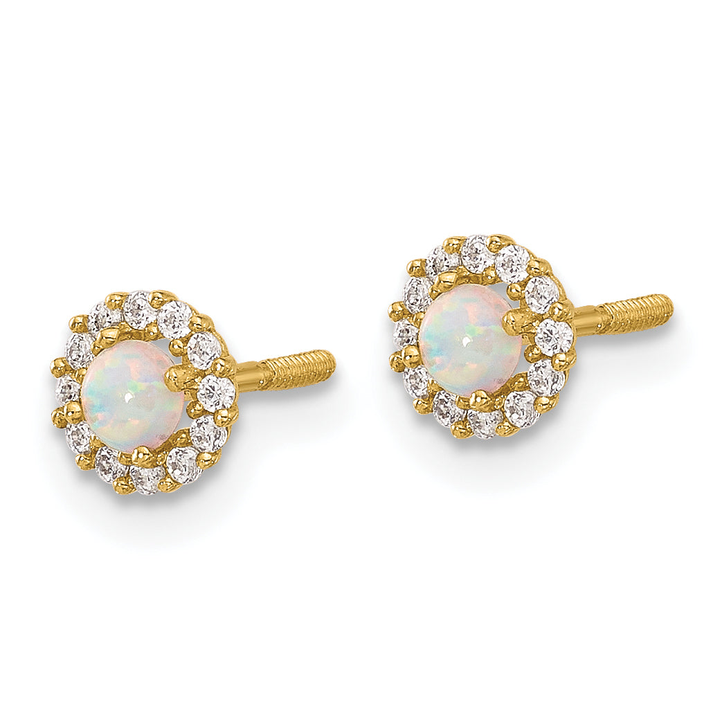 14K Polished CZ and Created Opal Circle Screwback Post Earrings (0.48 grams)