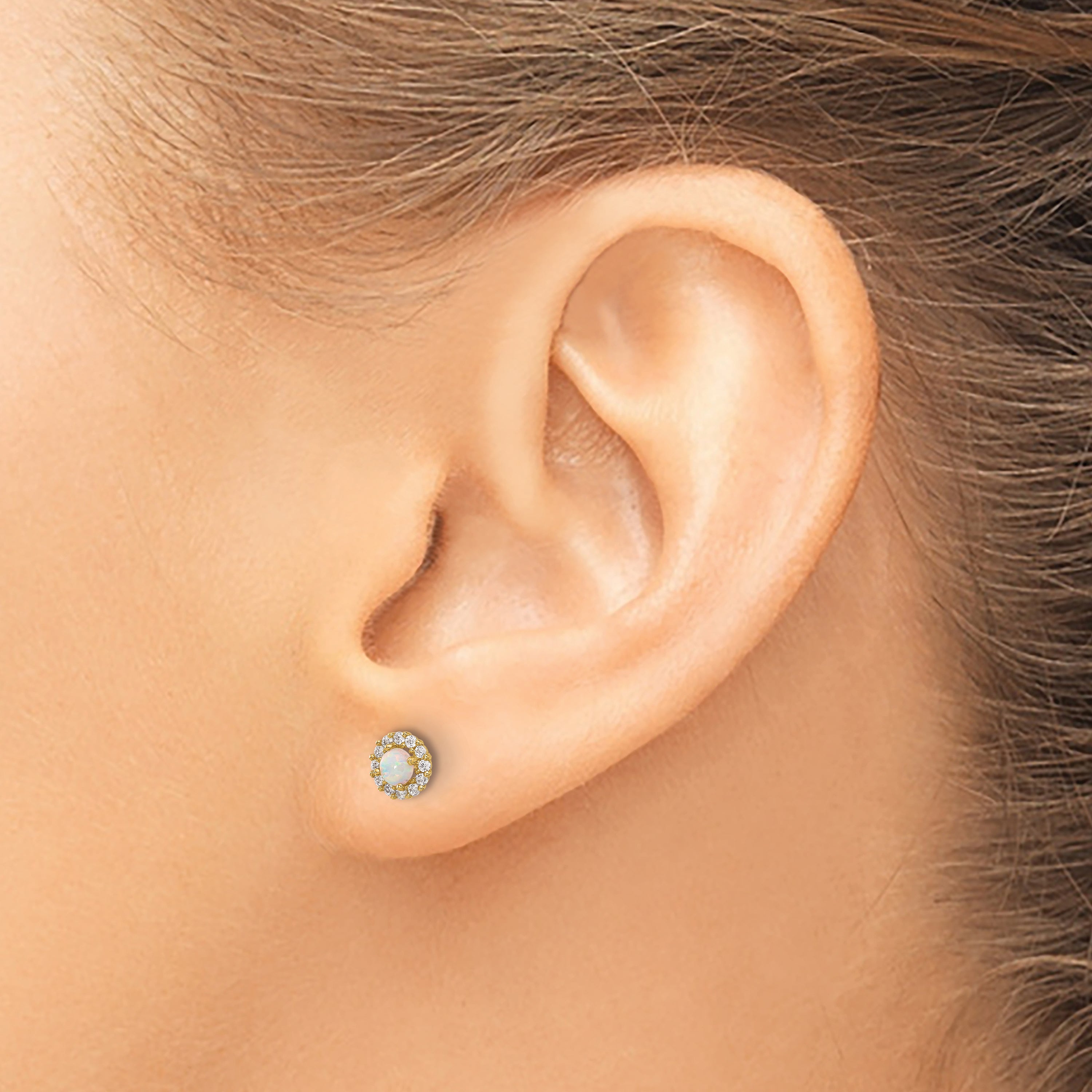 14K Polished CZ and Created Opal Circle Screwback Post Earrings (0.48 grams)