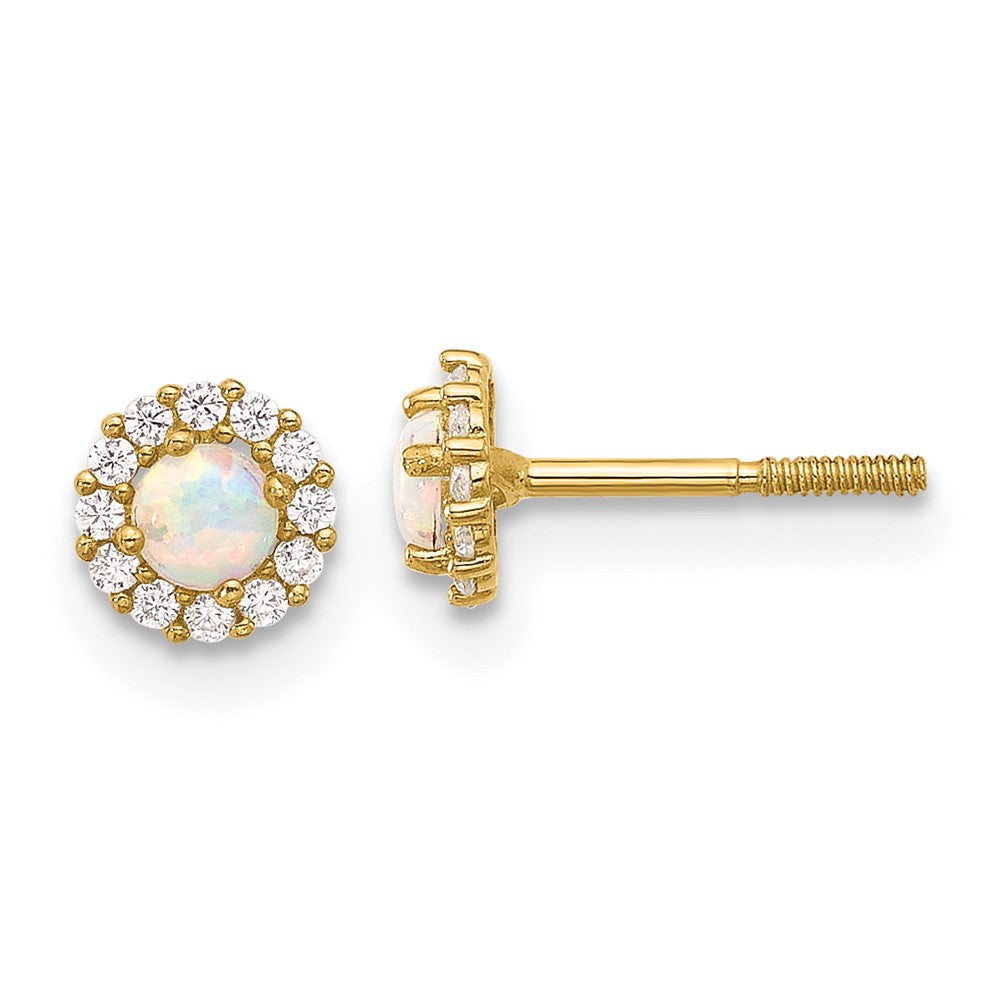 14K Polished CZ and Created Opal Circle Screwback Post Earrings (0.48 grams)