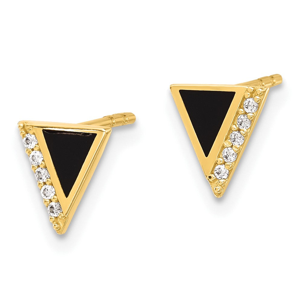 14k Yellow Gold 6.5 mm CZ Black Epoxy Triangle Post Earrings (0.62 grams)